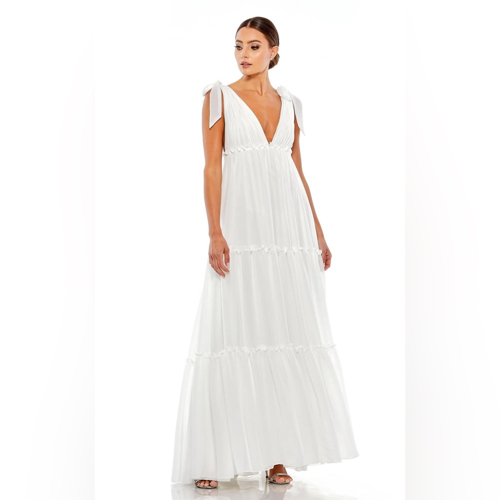 NWT $278 MAC DUGGAL WHITE TIERED V-NECK PLUNGING MAXI DRESS GOWN 70188